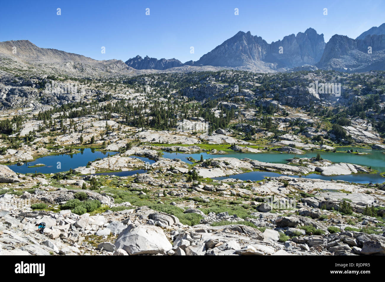 Dusy Basin in the Sierra Nevada Mountains with numerous lakes and peaks Stock Photo