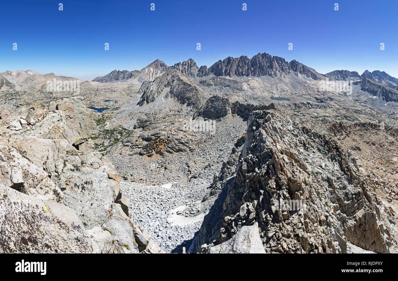 view from the top of Knapsack Pass Peak with Dusy Basin Bishop Pass and the Palisades Stock Photo