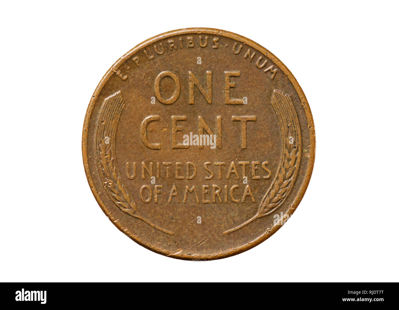 old used United States wheat ear one cent copper penny coin isolated on white Stock Photo