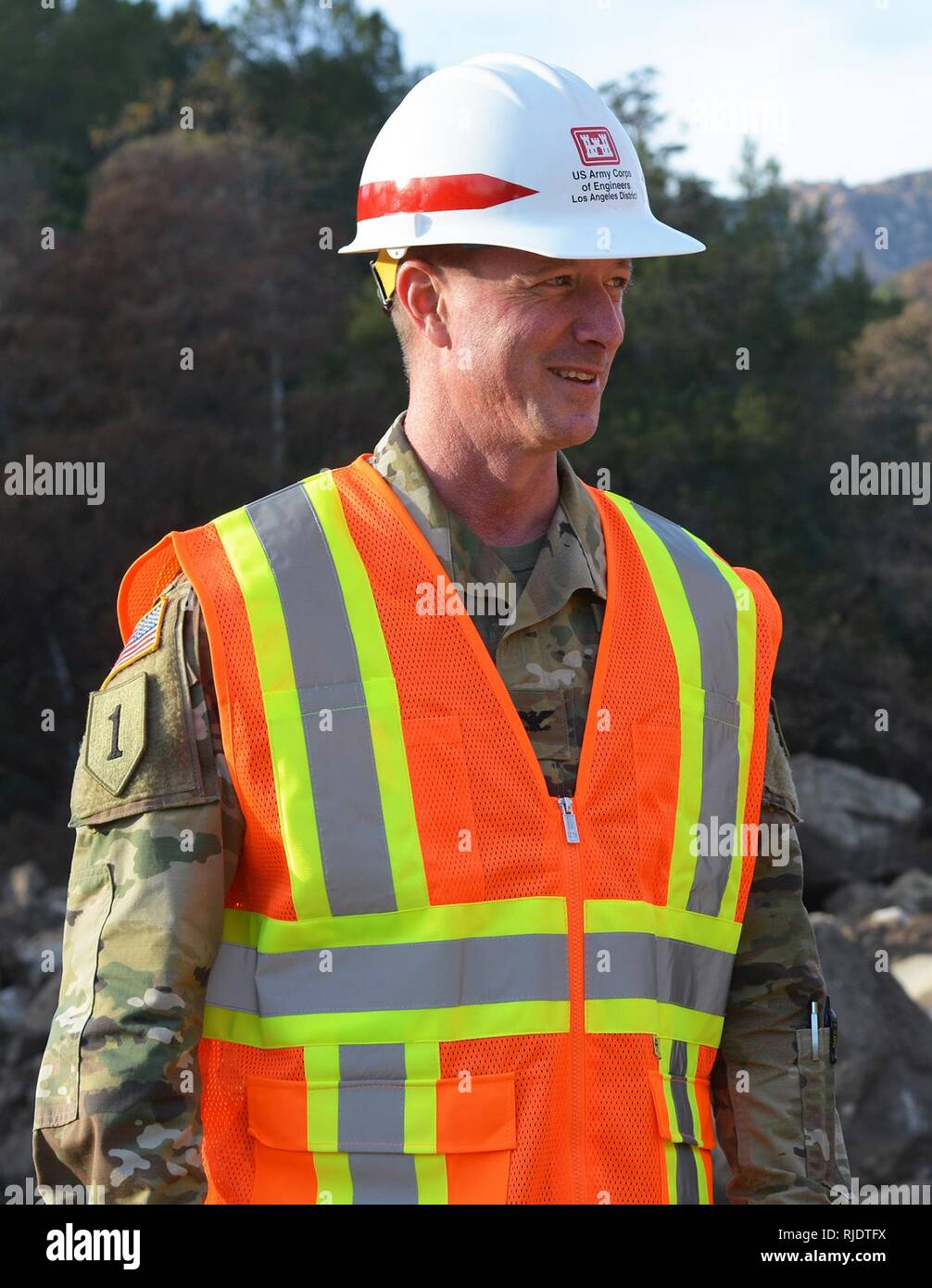Col. Kirk Gibbs, U.S. Army Corps of Engineers commander, is pictured at the Cold Springs Basin during a Jan. 18 tour of Montecito, California, in Santa Barbara County. The LA District was instrumental is clearing out debris from 11 basins in Santa Barbara County, following a devastating debris/mudslide Jan. 9 in Montecito. Stock Photo