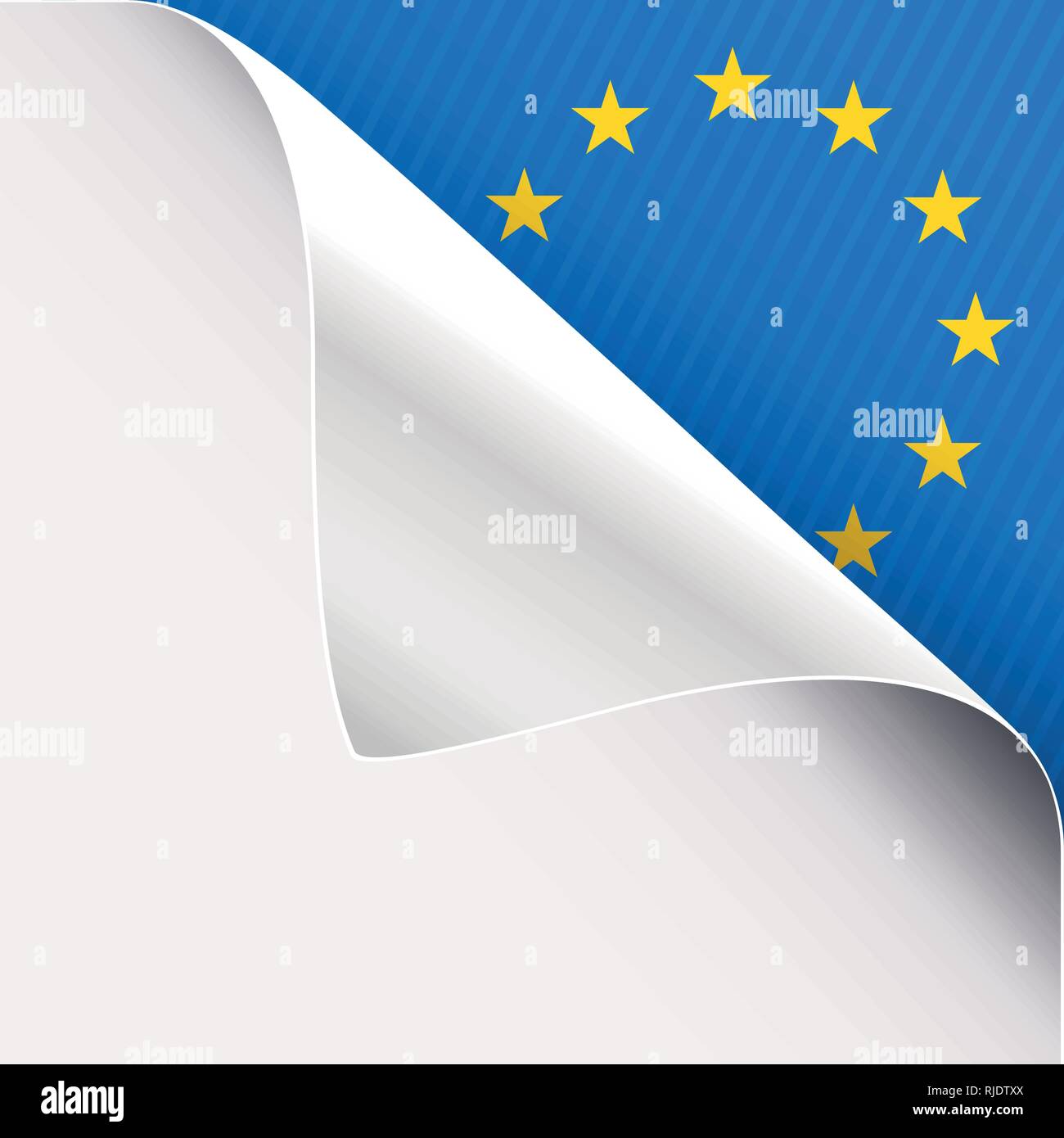 Curled corner of white paper on a blue right top angle background with European Union sign. Vector illustration. Stock Vector