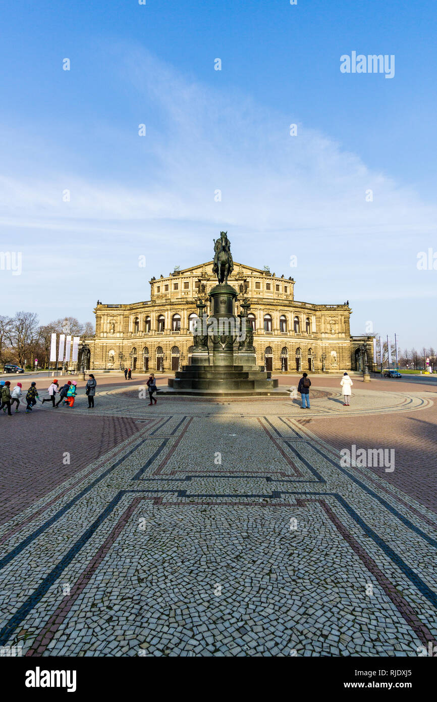 Scenic summer view of Semper Opera House and Monument to King John in Dresden, Saxony, Germany Stock Photo