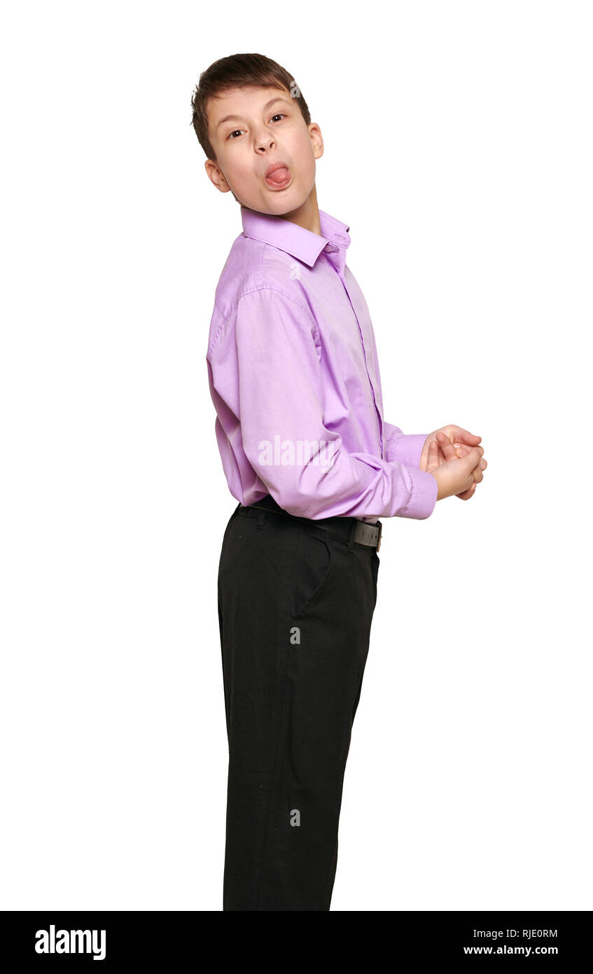 Boy posing on white background, black trousers and purple shirt Stock Photo  - Alamy