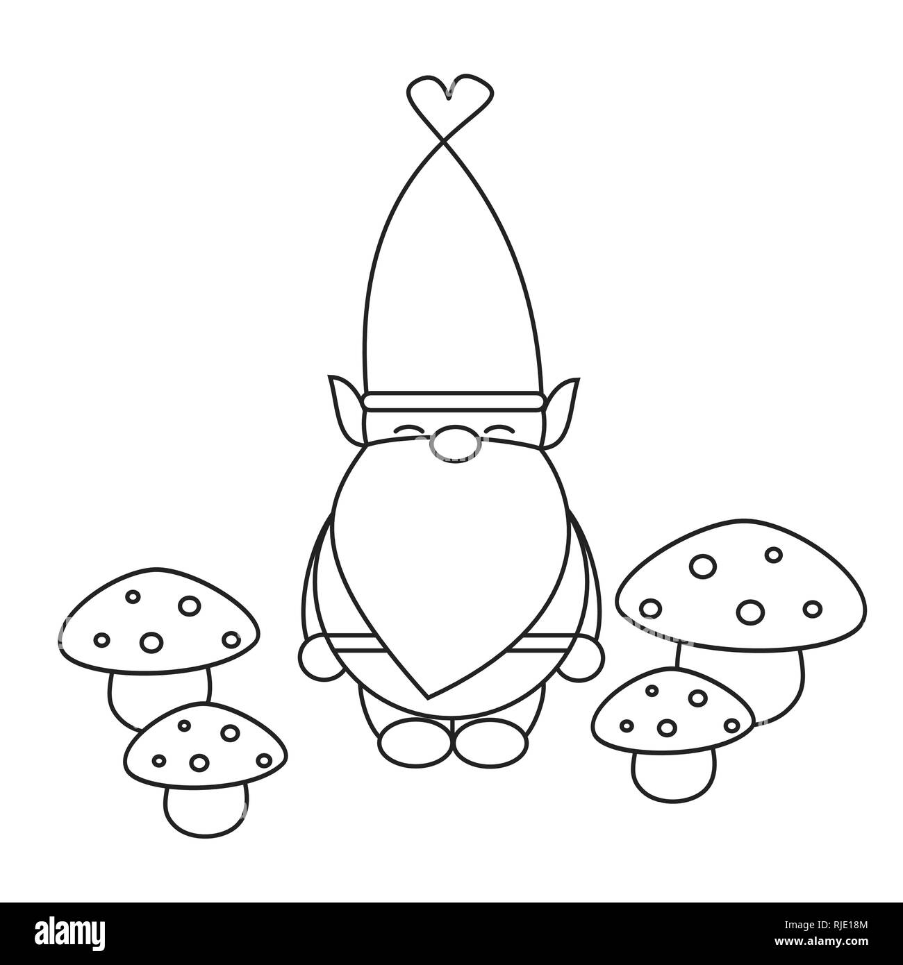 cute cartoon black and white gnome with mushroom for coloring art Stock Vector