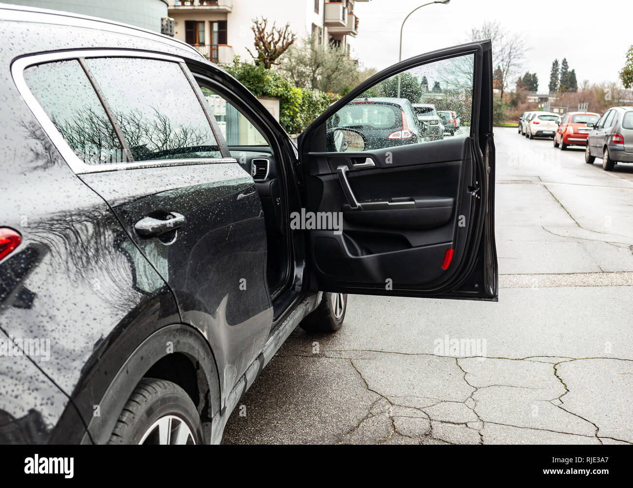 Car Door of Forgotten Open. Danger concept for car accidents. Stock Photo