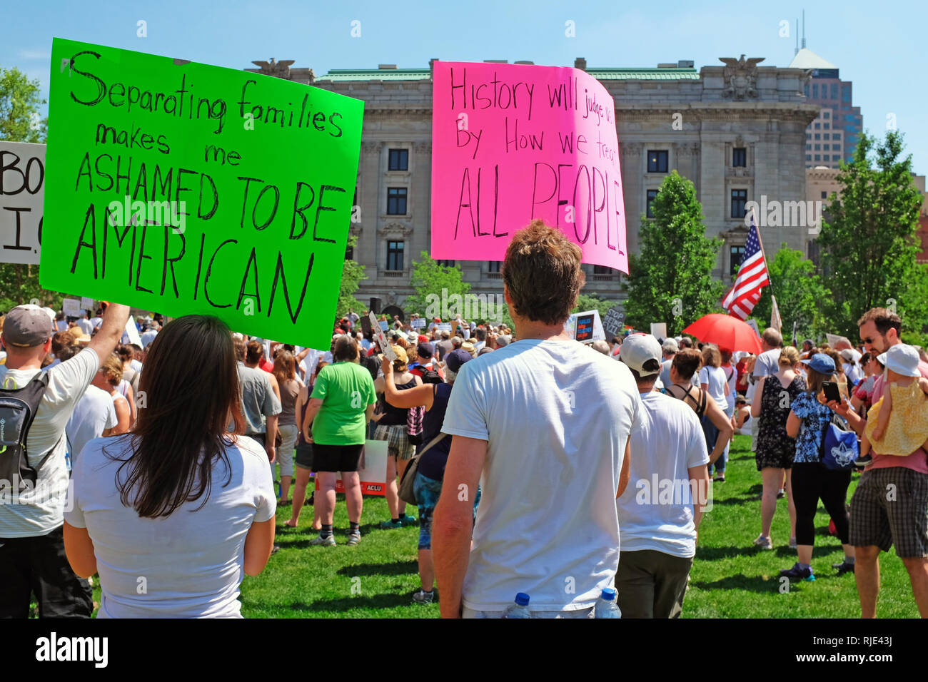 Protesters in Cleveland, Ohio, USA rally against Trump immigration policies separating families at the US border. Stock Photo