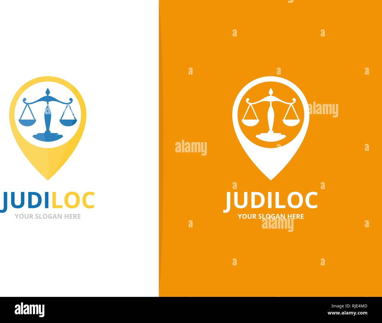 Libra and map pointer logo combination. Unique law and pin logotype design template. Stock Vector