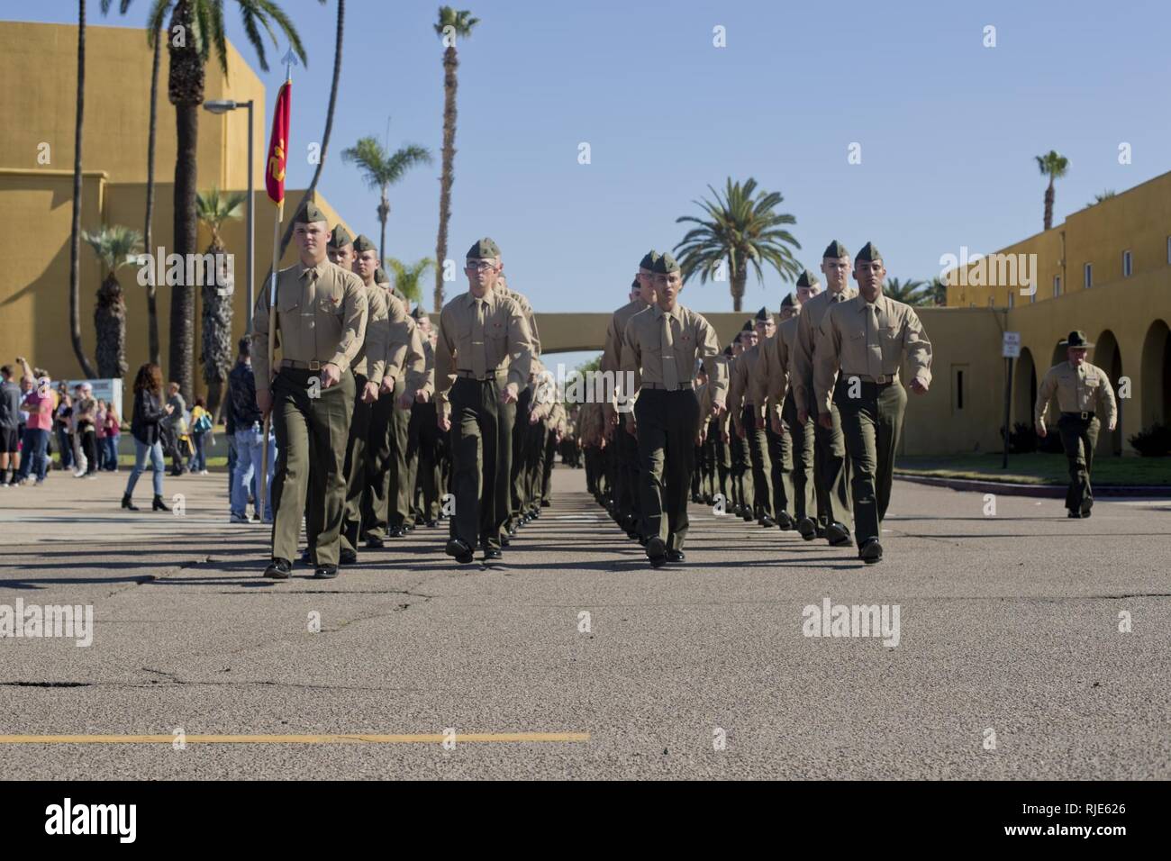 The new Marines of Echo Company, 2nd Recruit Training Battalion, reunite with their loved ones during family day at Marine Corps Recruit Depot San Diego, today. After nearly thirteen weeks of training, the Marines of Echo Company will officially graduate from recruit training tomorrow. Stock Photo