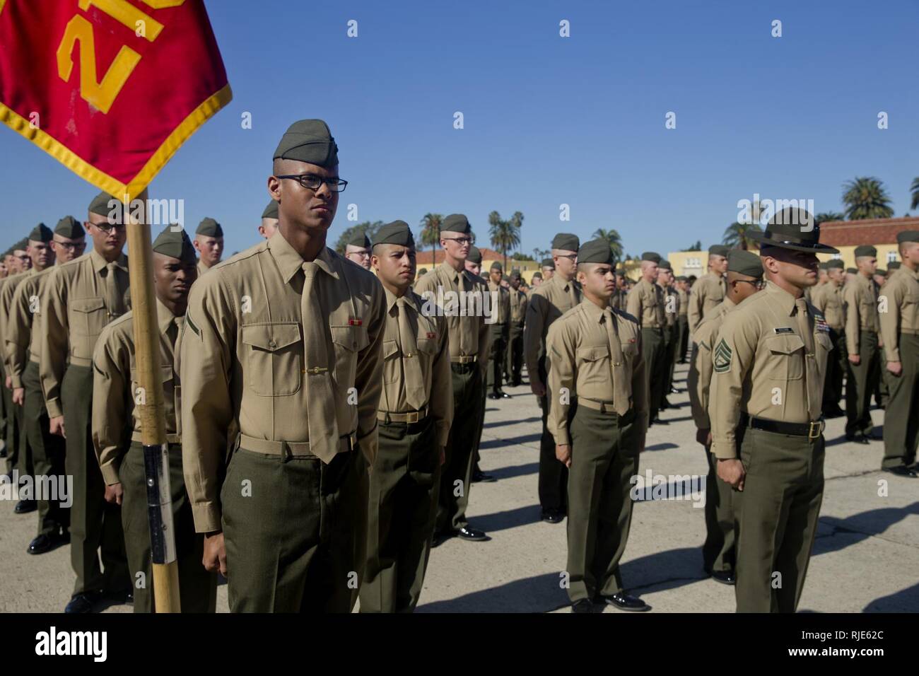 The new Marines of Echo Company, 2nd Recruit Training Battalion, reunite with their loved ones during family day at Marine Corps Recruit Depot San Diego, today. After nearly thirteen weeks of training, the Marines of Echo Company will officially graduate from recruit training tomorrow. Stock Photo