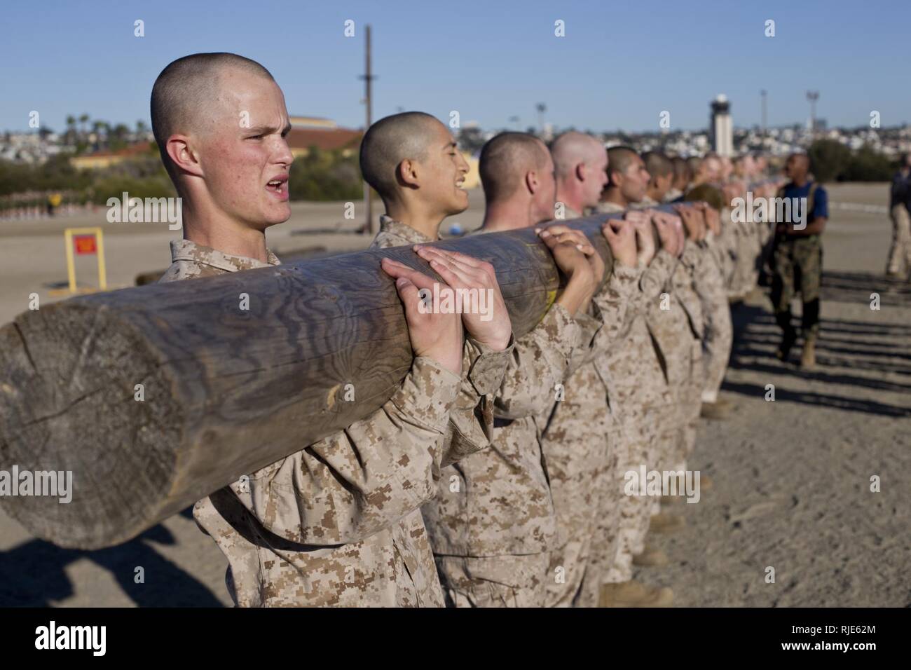 Recruits with Kilo Company, 3rd Recruit Training Battalion, perform squats with a log at Marine Corps Recruit Depot San Diego, Jan. 22. If one recruit failed to put the amount of effort needed, the rest of the group had to pick up the slack. Annually, more than 17,000 males recruited from the Western Recruiting Region are trained at MCRD San Diego. Kilo Company is scheduled to graduate March 16. Stock Photo