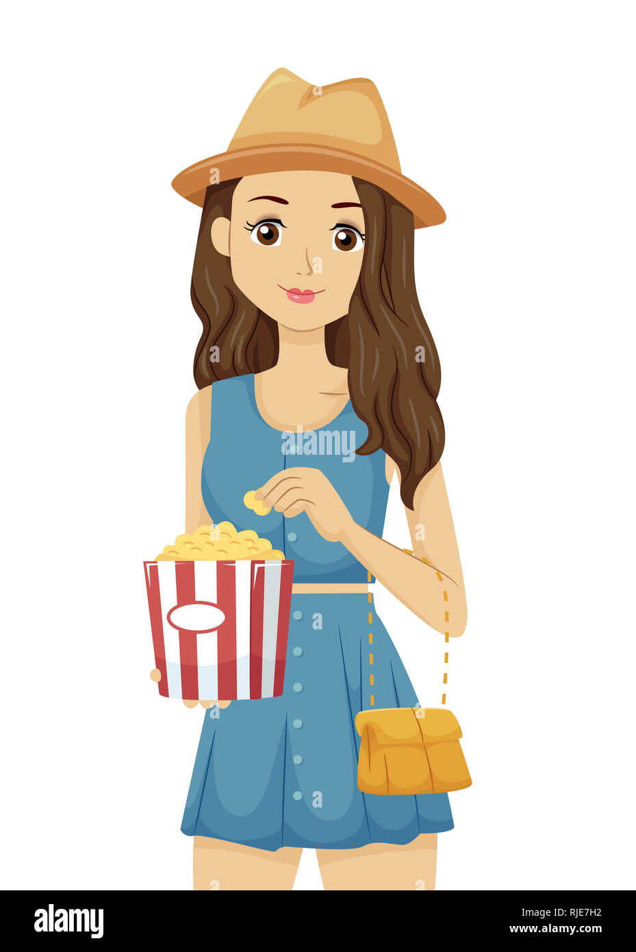 Illustration of a Teenage Girl Holding a Popcorn Ready to Watch Movie