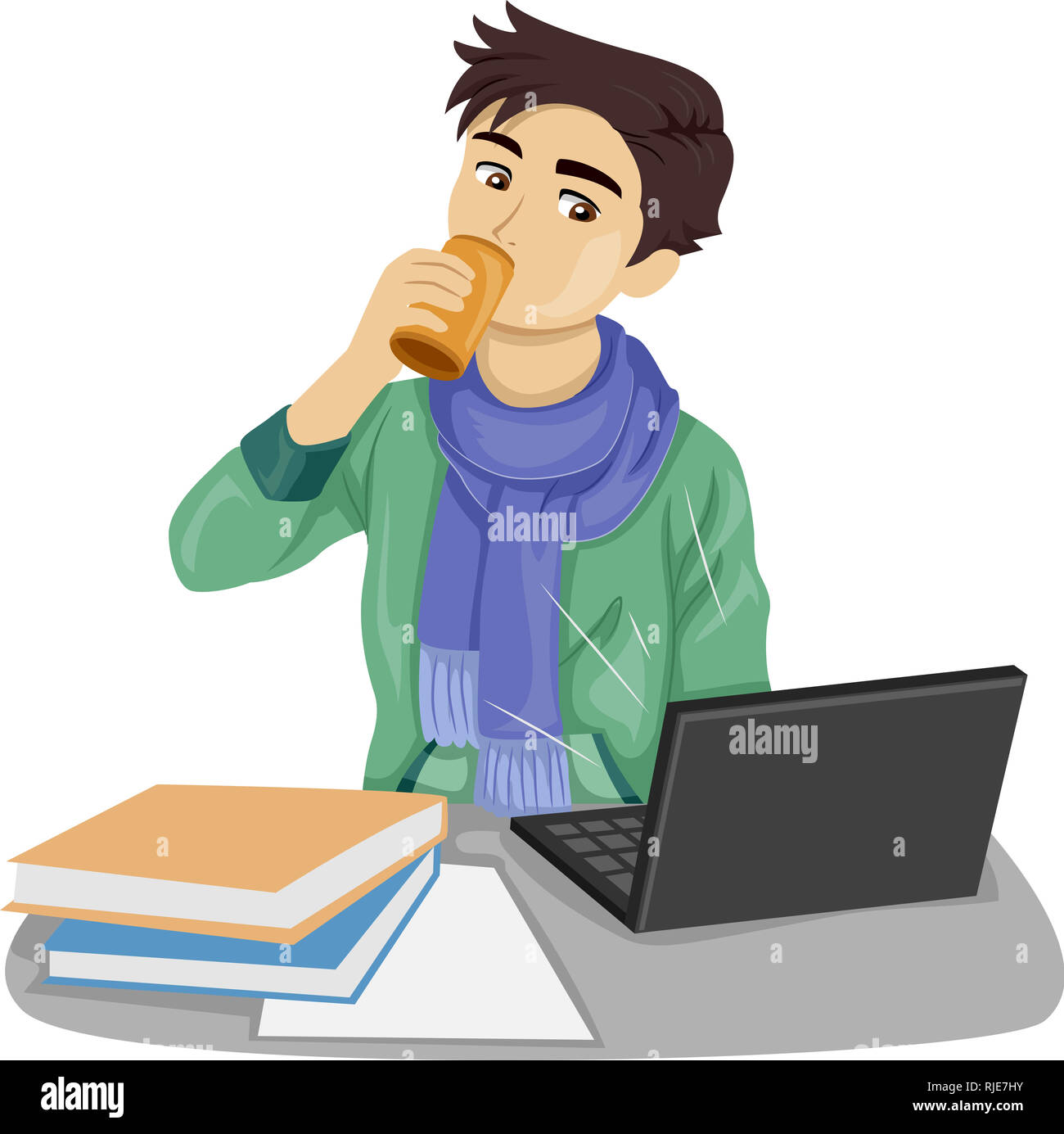 Illustration of a Teenage Guy Drinking a Can of Energy Drink While Studying and Using a Laptop