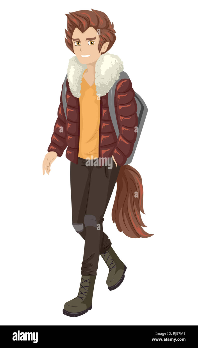 Illustration of a Teenage Guy Wearing Wolf Costume with Tail and Wig for Halloween Party Stock Photo