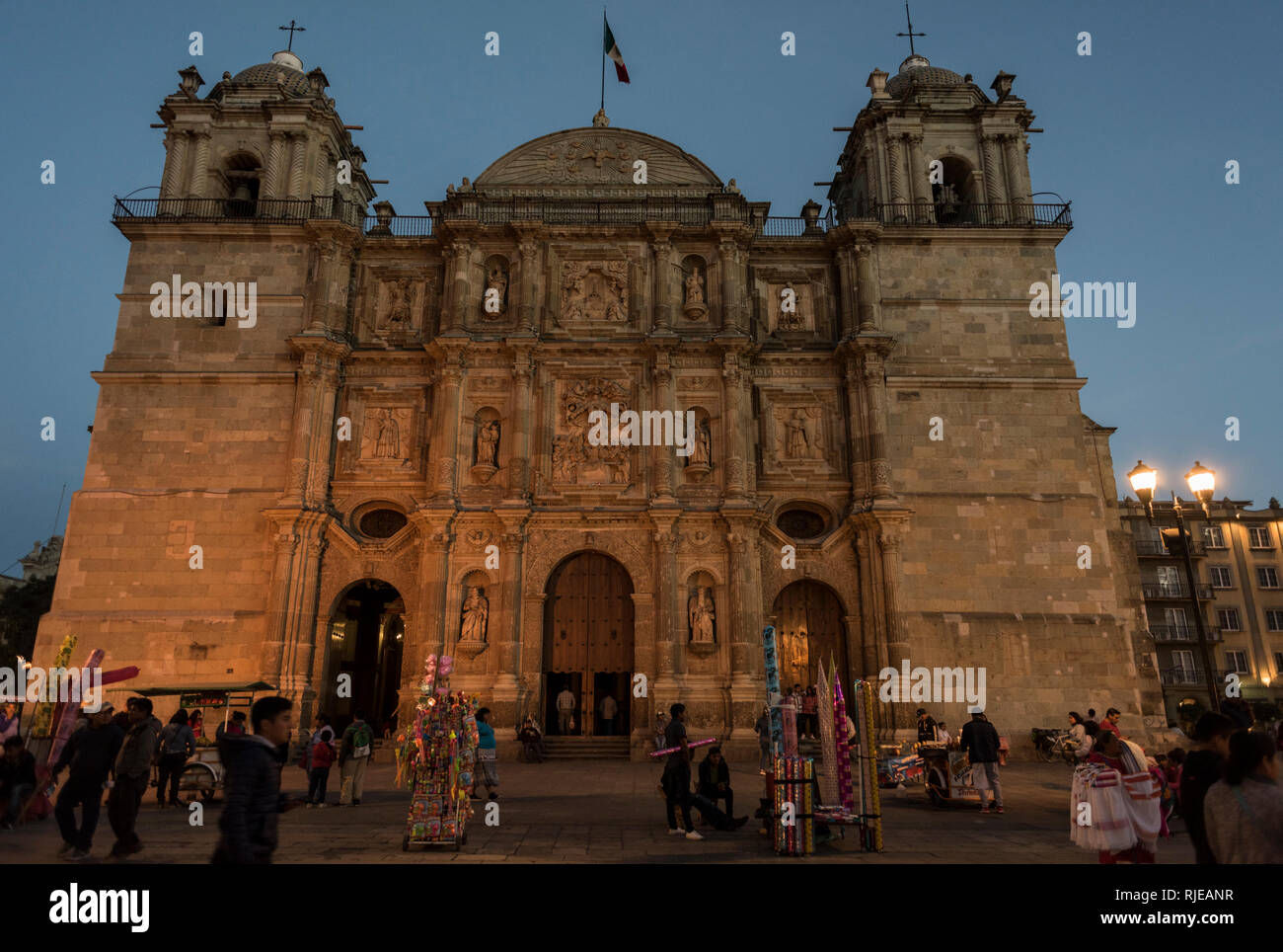 cathedral, church, religion, catholic, Lady of the Assumption, XVIth, 16th, century, architecture, Oaxaca, Mexico, night shot, balloons, vendors Stock Photo