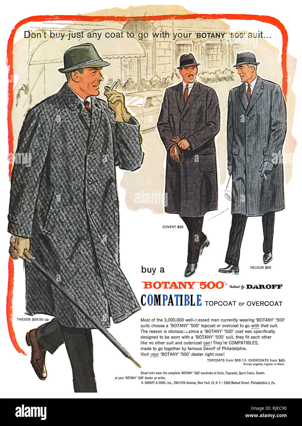 1958 U.S. advertisement for Botany 500 men's coats by Daroff of ...