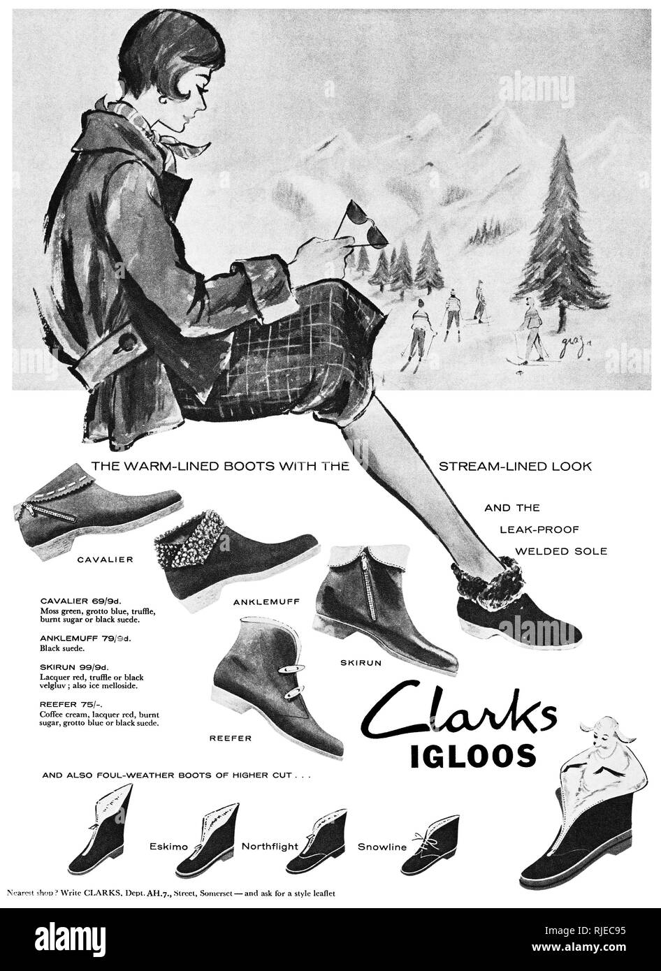 1958 British advertisement for Clarks Igloos women's winter boots. Stock Photo