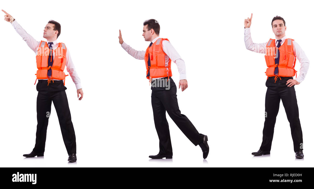 Man in life-jacket isolated on white Stock Photo
