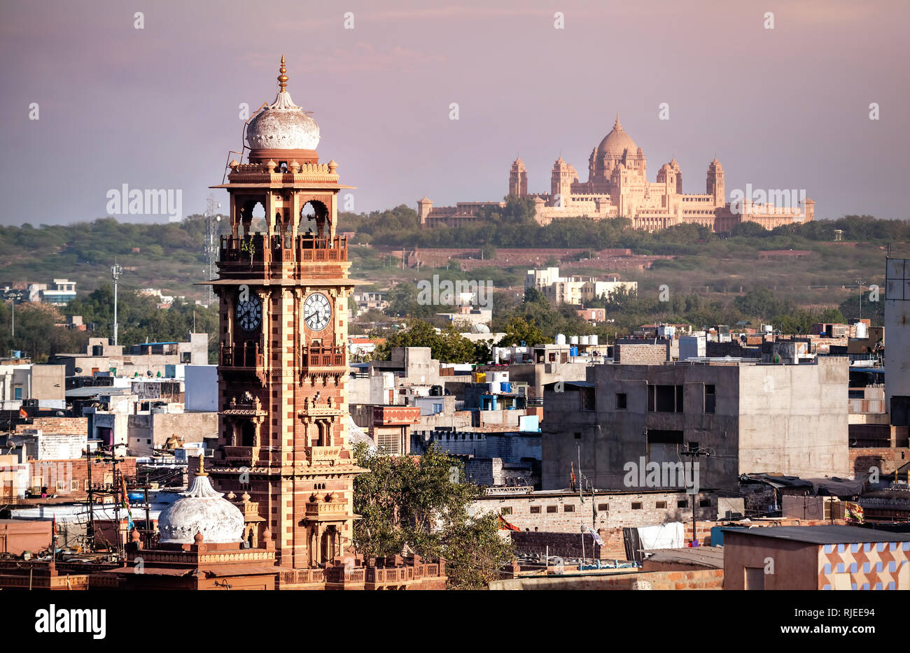 Clock tower known as Ghanta Ghar in Blue city market square in Jodhpur, Rajasthan, India Stock Photo