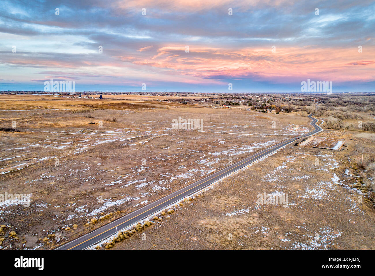 rural Colorado landscape near Greeley, winter scenery aerial view Stock Photo