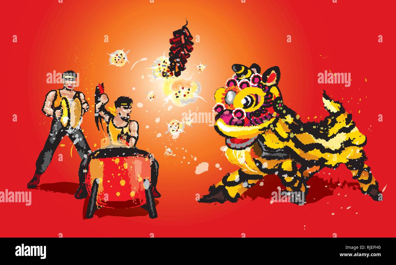 A squatting Chinese lion, firecrackers and a team playing drums and cymbals. In various colors and presented in splashing ink drawing style. Vector. Stock Vector