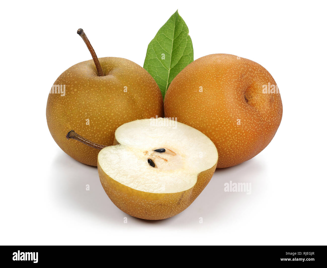 Asian pear or Nashi pear with leaf isolated on white background Stock