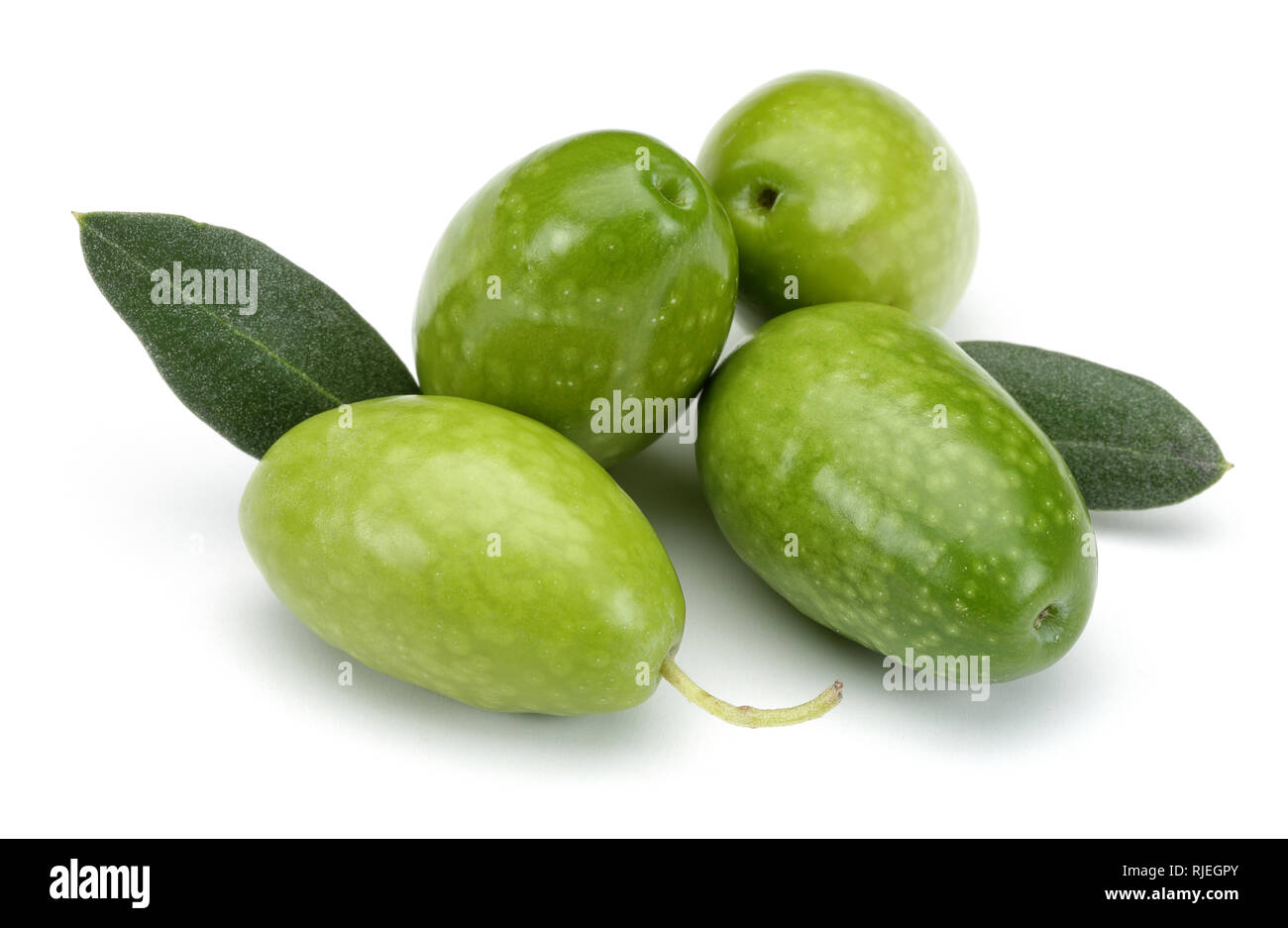 Green olives and leaves isolated on white background Stock Photo - Alamy