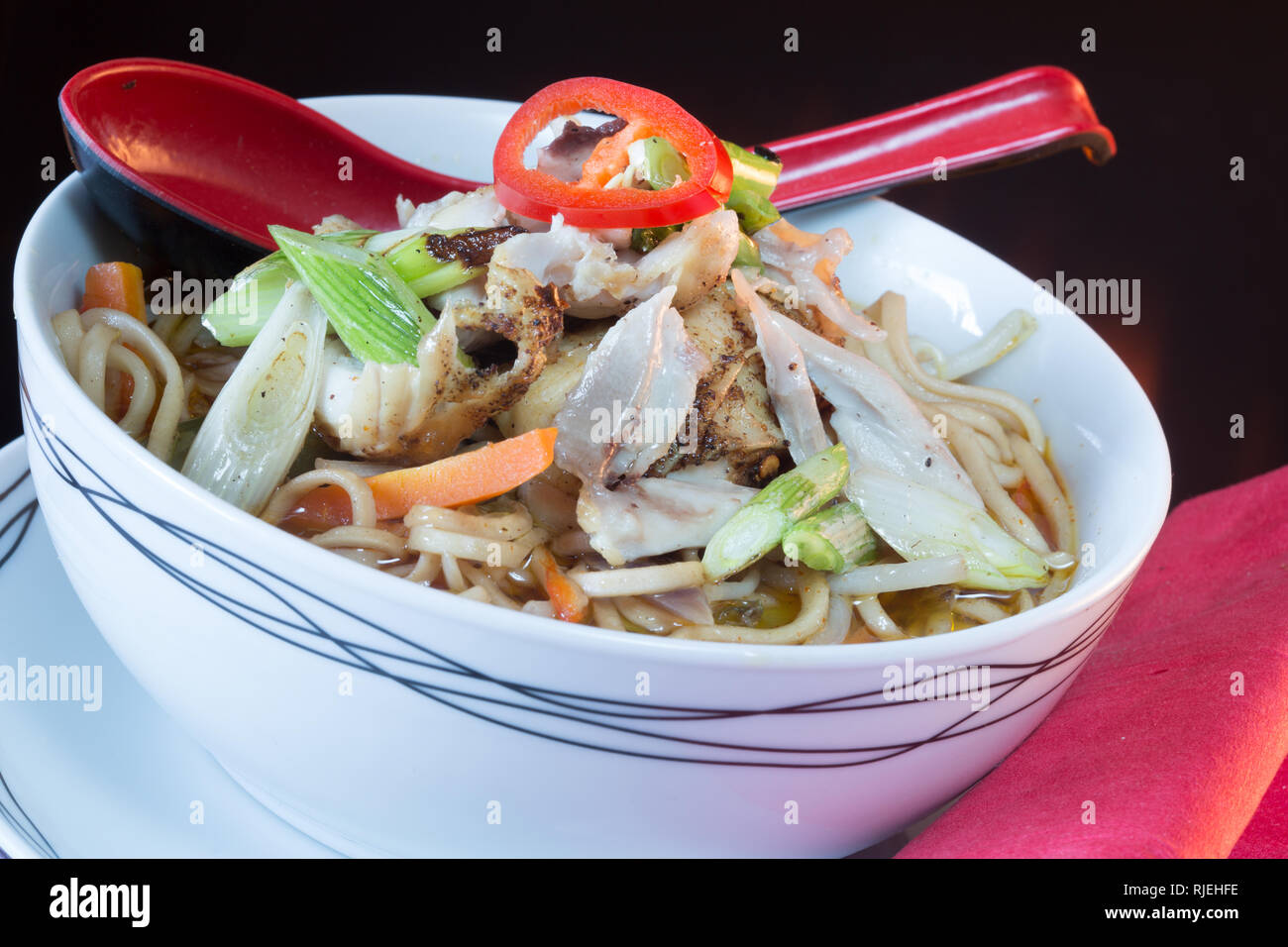 A bowl of Chinese style Spicy Chicken and noodle soup Stock Photo