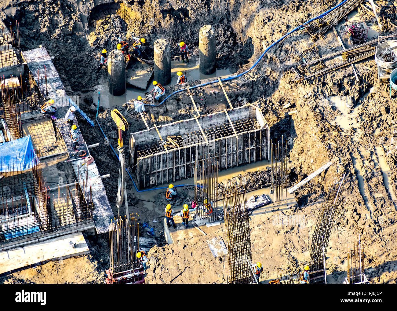 Aerial view of foundation work on a construction site. Stock Photo