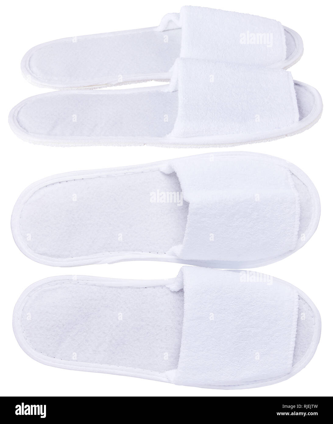 Pair blank white slippers. Top and bottom view. Bed shoes accessory footwear. Spa, hotel, wellness - home and hotel slippers isolated Stock Photo -