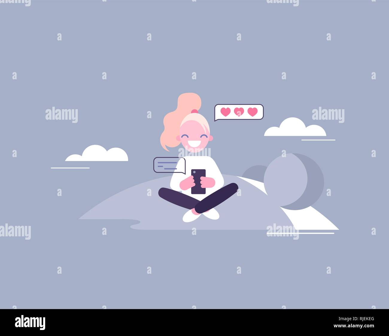 Girl chats and sends hearts message. Flat style vector illustration. Young woman seats on lawn and chats Stock Vector