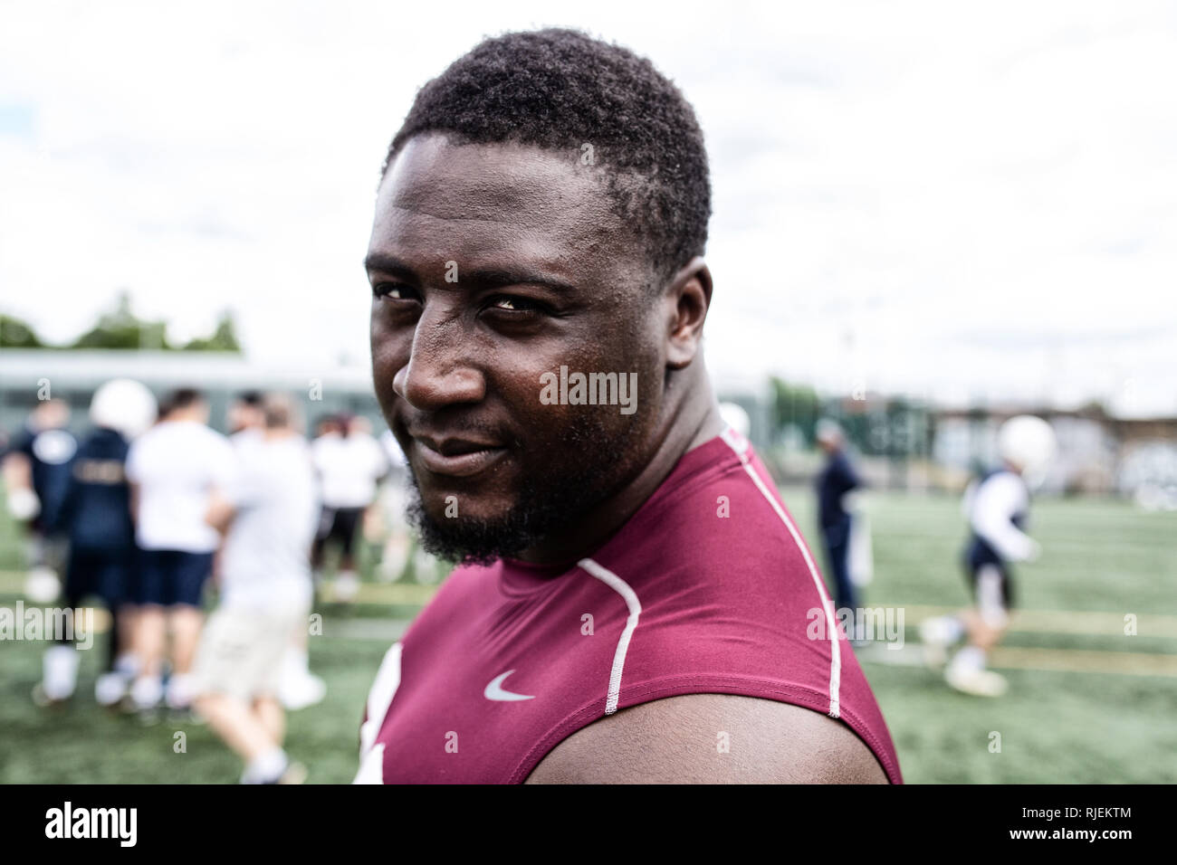 Uk American Football training as a team Stock Photo Alamy
