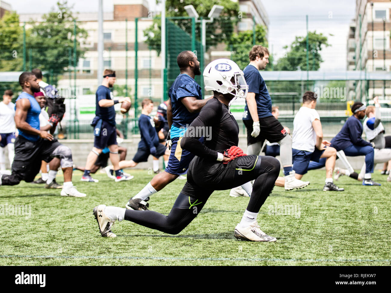 Uk American Football training as a team Stock Photo Alamy