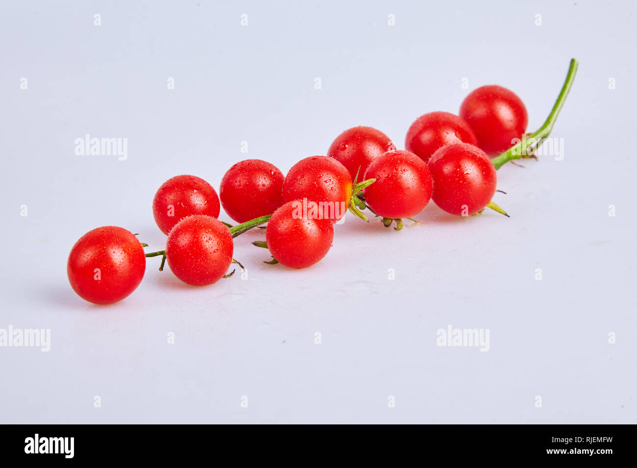 Branches of red organic fresh cherry tomatoes on a white background ...