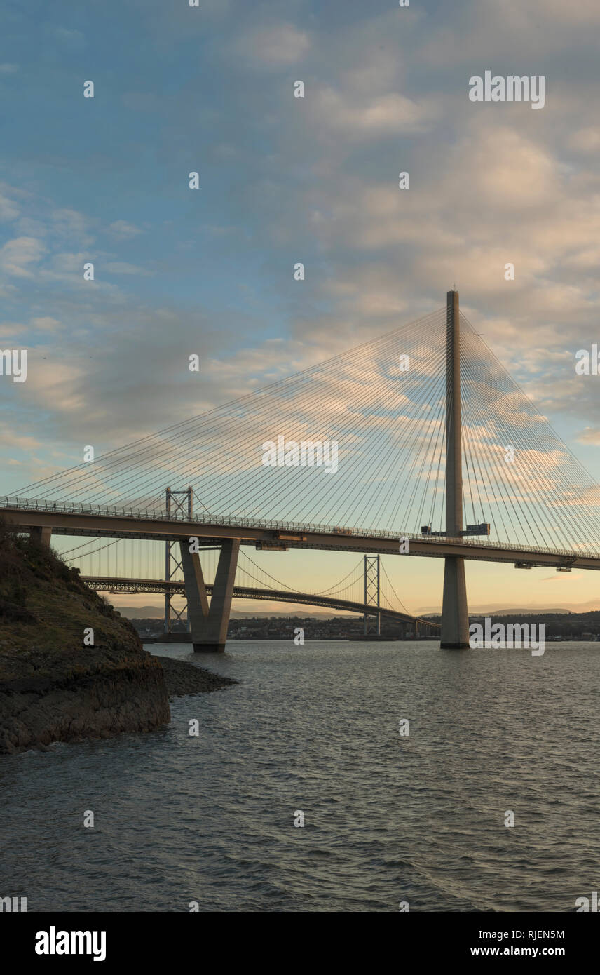 The Queensferry crossing carrying the M90 over the river Forth makes landfall to the north at St