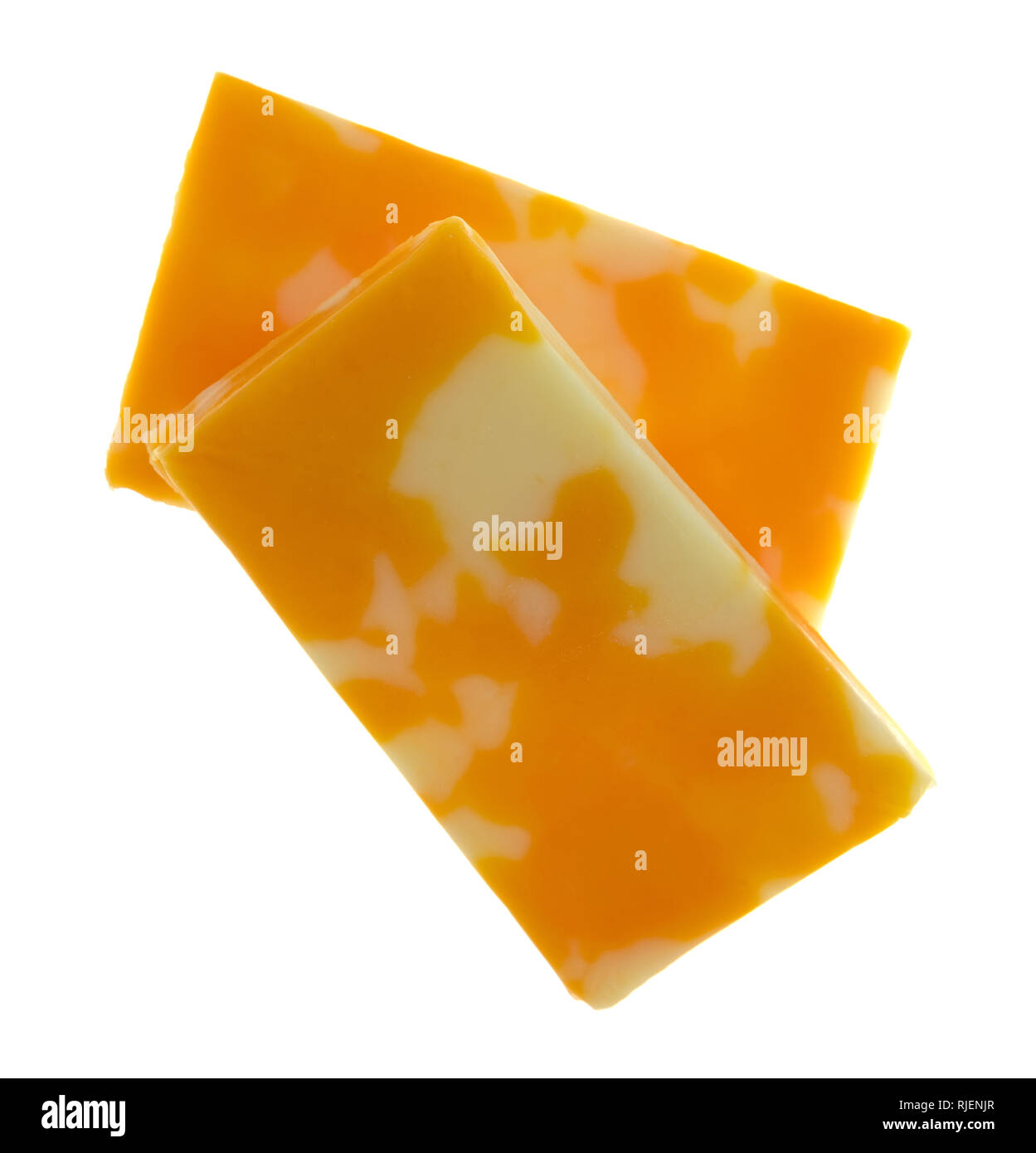 Overhead view of a two Colby Jack cheese bars isolated on a white