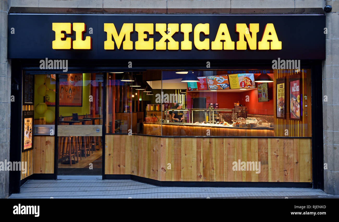 El Mexicana on Bold Street, Liverpool, 8th January 2017.   The popular El Mexicana chain is now situated in the heart of the city centre, Liverpool. Serving an extensive menu which includes burritos to quesidillas, beef to chicken, while their salsa ranges in heat from mild to spicy. The restaurant, which aims to be the most popular over-the-counter Mexican food provider in the UK, also serve churros, cocktails and mocktails Stock Photo