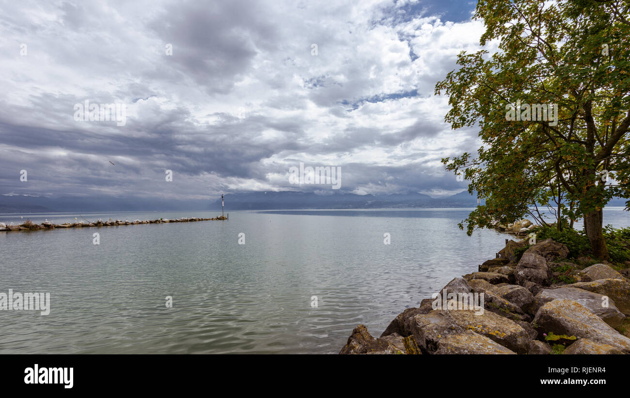 A view of Lake Geneva from the bank of the river La Venoge, Préverenges, Switzerland Stock Photo
