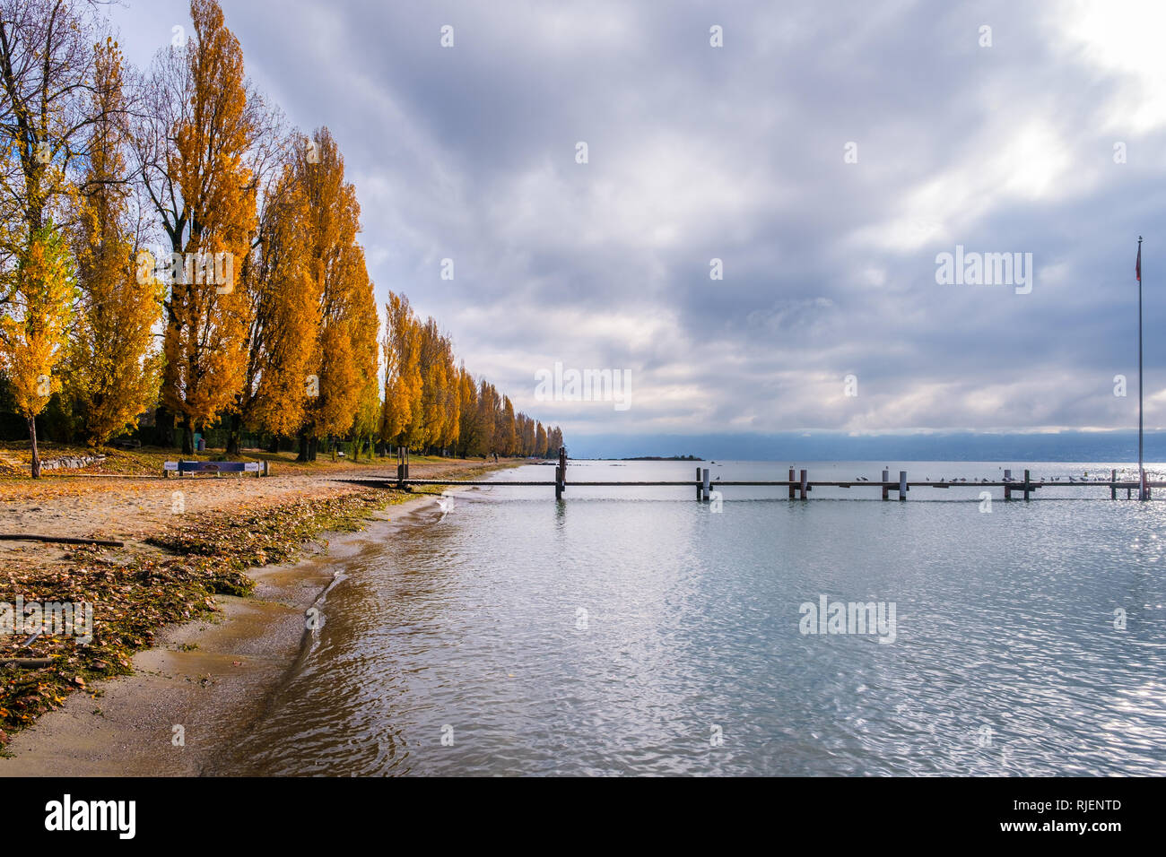 A beautiful autumnal view over Lake Geneva from the beach at Preverenges, Switzerland Stock Photo