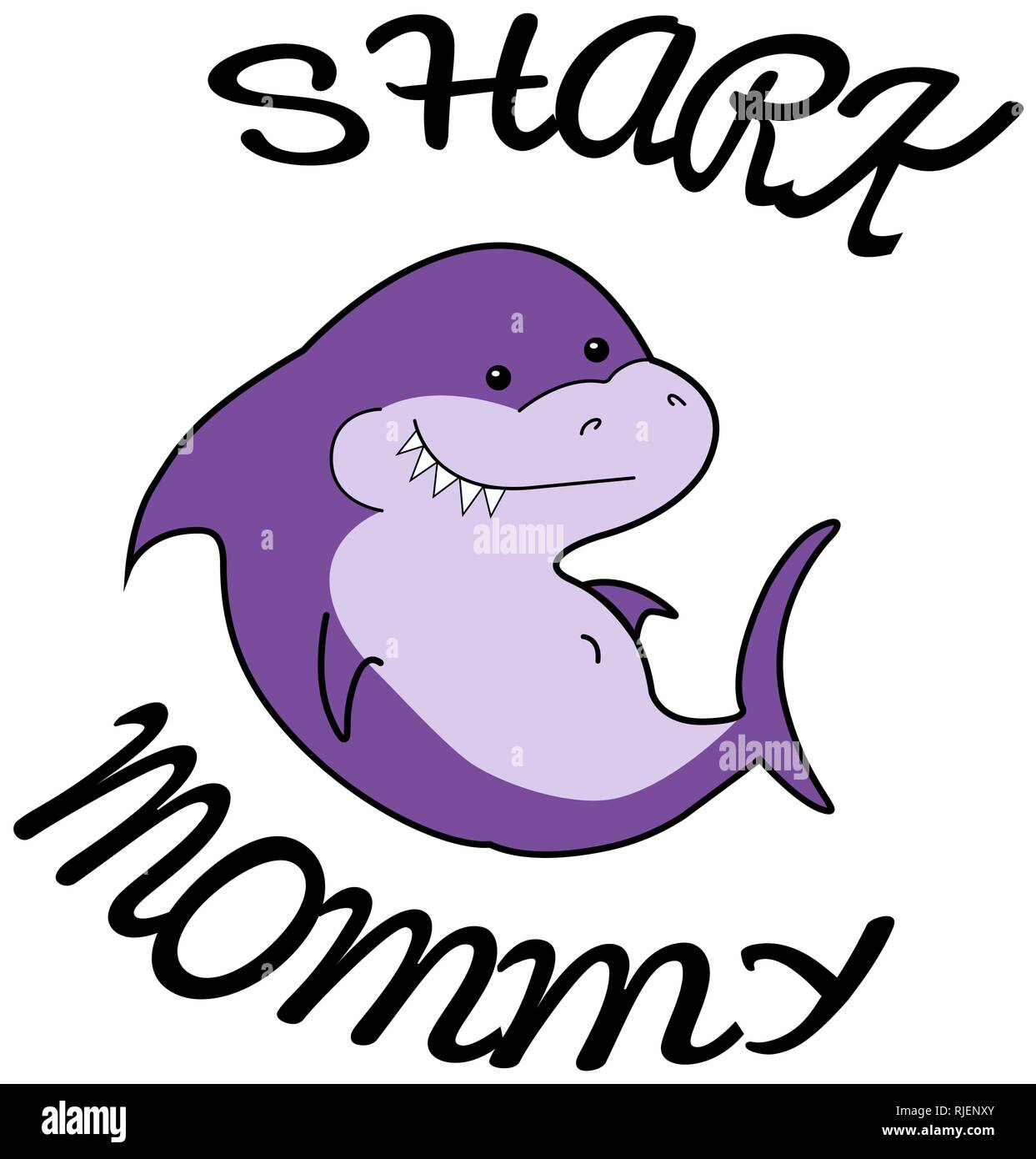 Mommy Shark cartoon sea animal violet shark on a white background. Baby shower cute character for printing on clothes or cards, invitations, posters Stock Vector