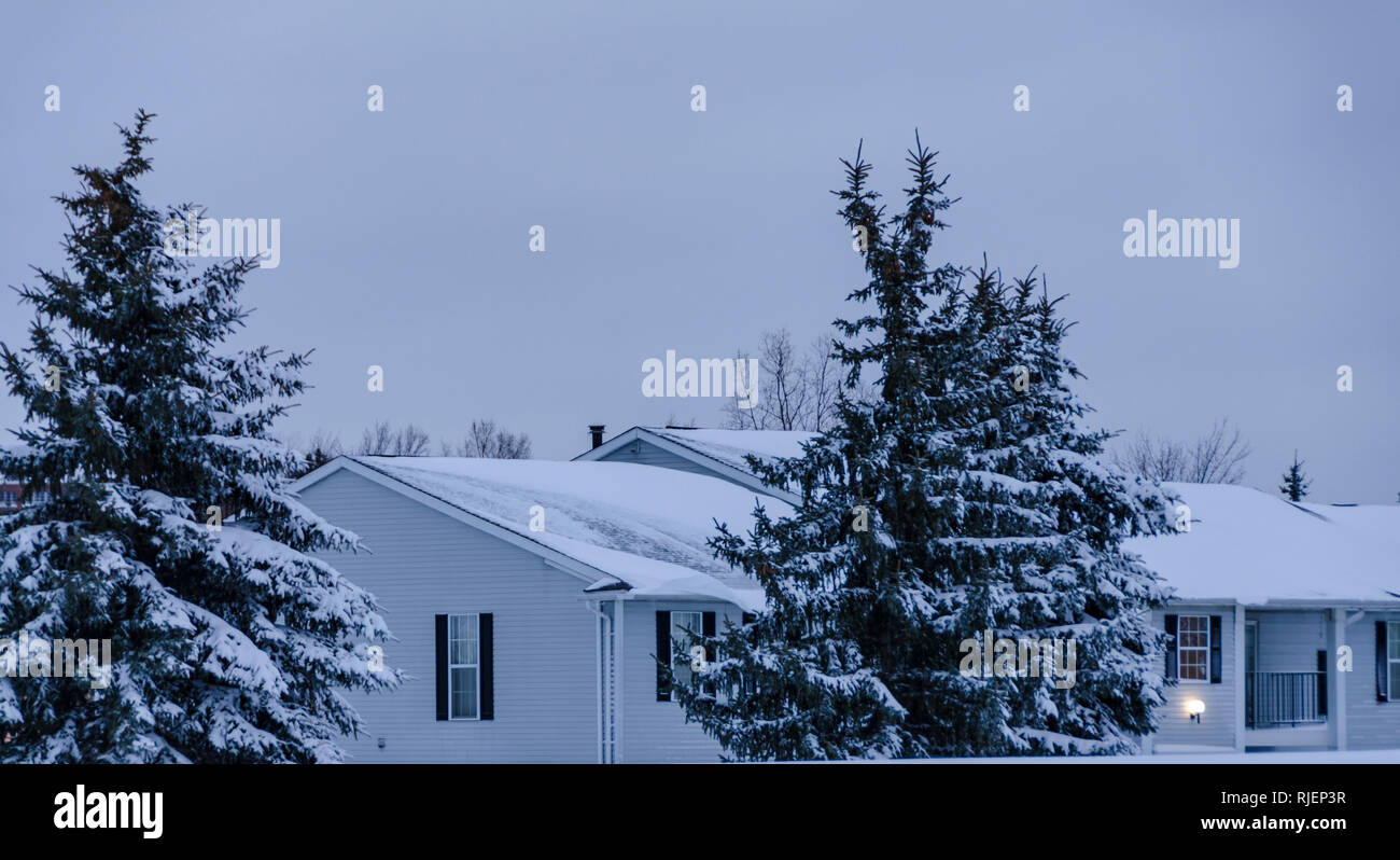 Wet, thick, and heavy snow covers the rooftops and the evergreen trees of an apartment complex in Michigan, USA, during an early February snowstorm. Stock Photo