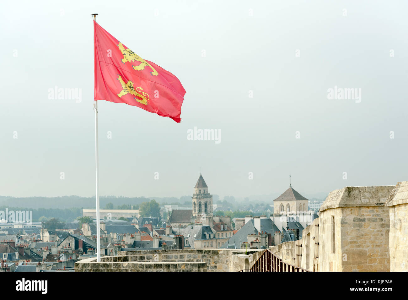 Normandy flag above Chateau de Caen (Caen Castle) built by William the Conqueror, Caen, France Stock Photo