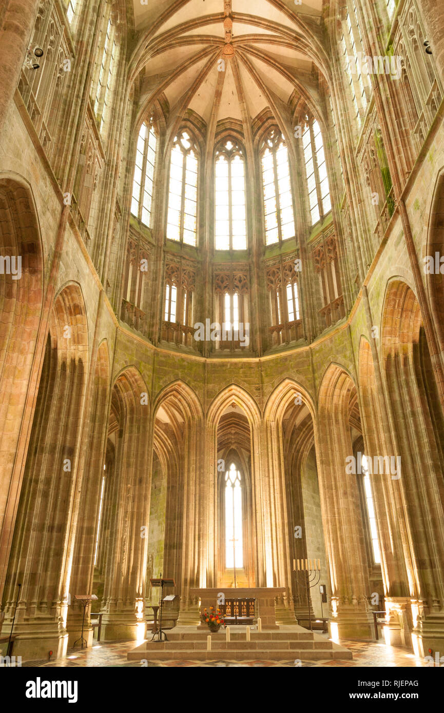 Gothic choir of famous Mont Saint Michel church-abbey, UNESCO world heritage site, Normandy, France Stock Photo