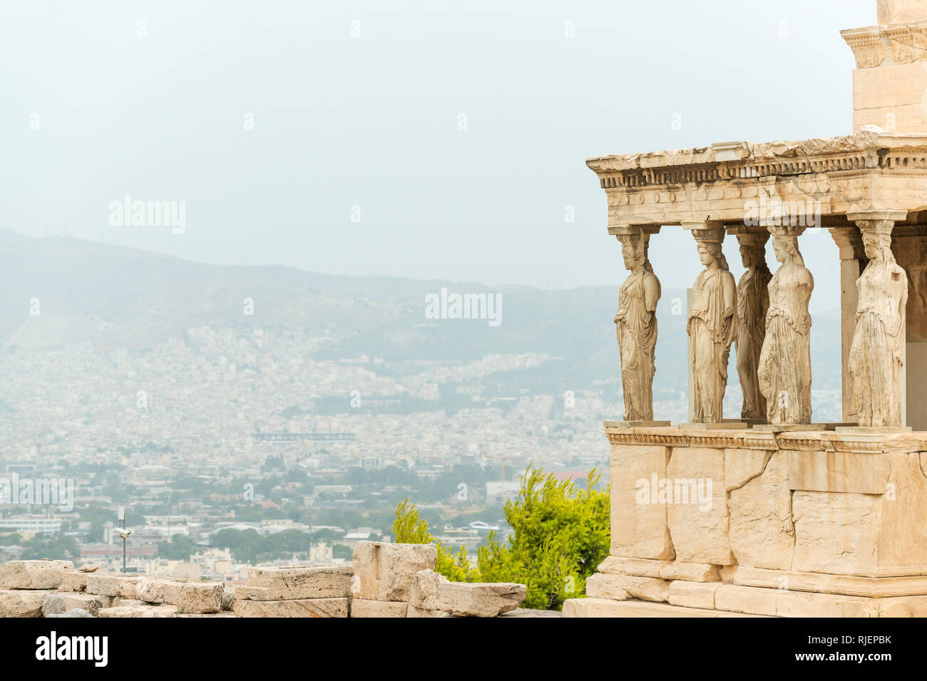 Porch with world famous Caryatids in Erechtheion on Acropolis Hill, Athens, Greece Stock Photo