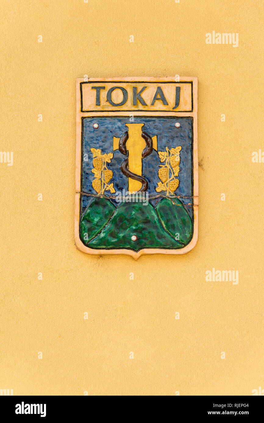Coat of arms on the house in Tokaj town center, Tokaj wine region, Hungary Stock Photo