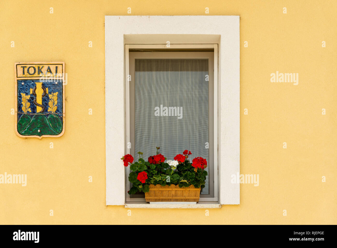 Window and coat of arms on the house in Tokaj town center, Tokaj wine region, Hungary Stock Photo