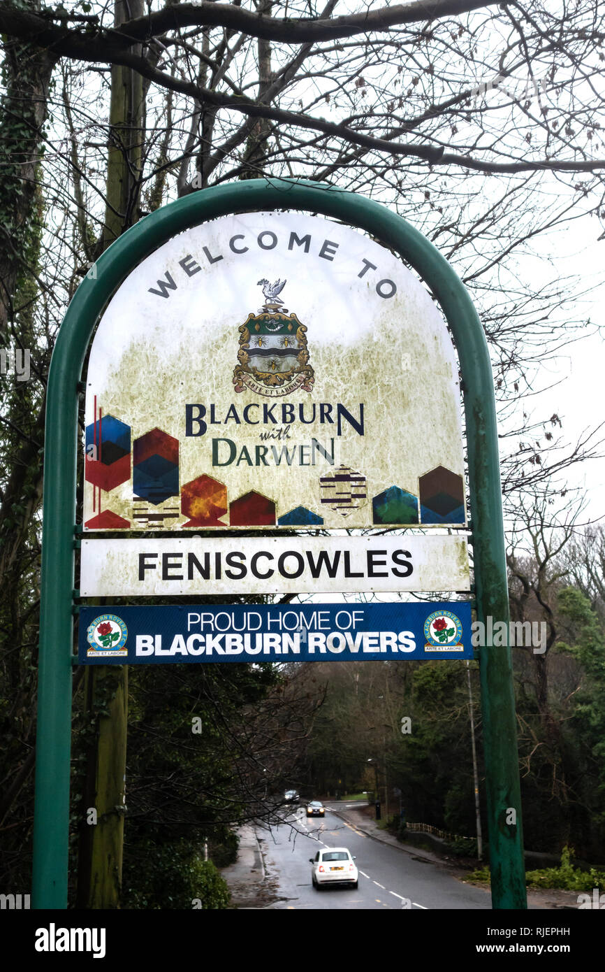 to Blackburn and Dawen boundary sign in winter at Feniscowles