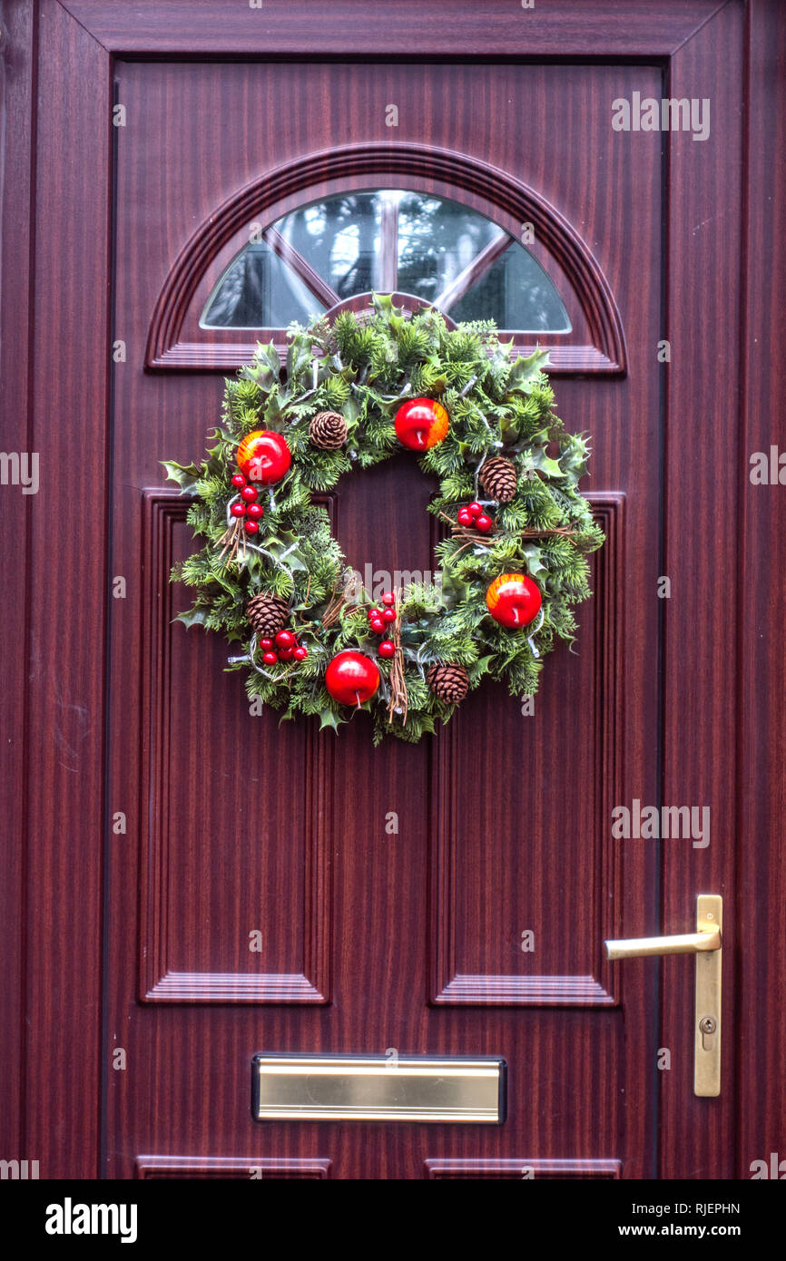 Christmas door wreath on a Terraced house Front Door in Feniscowles
