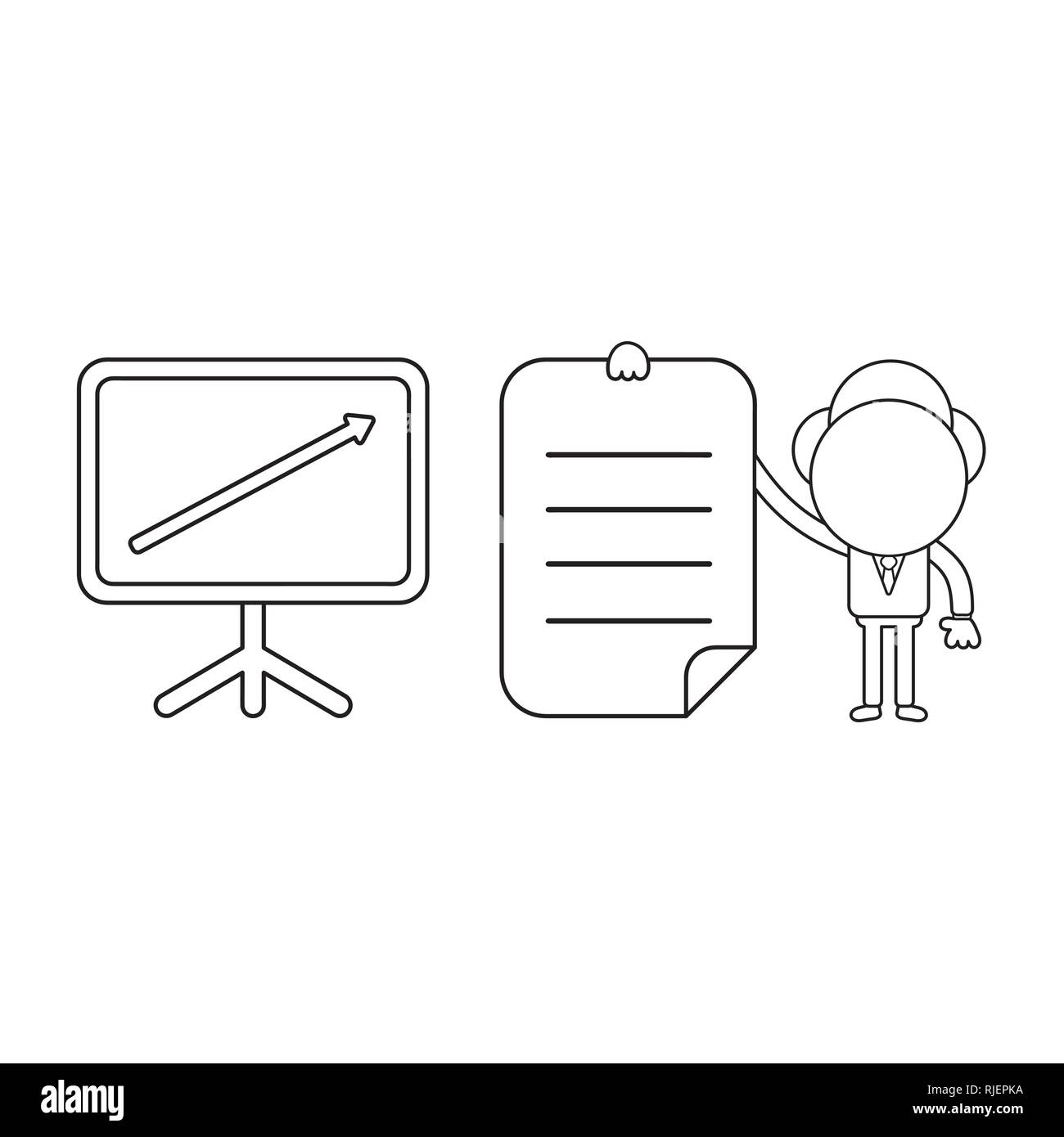 Vector illustration businessman character with sales chart arrow moving up and holding written paper. Black outline. Stock Vector