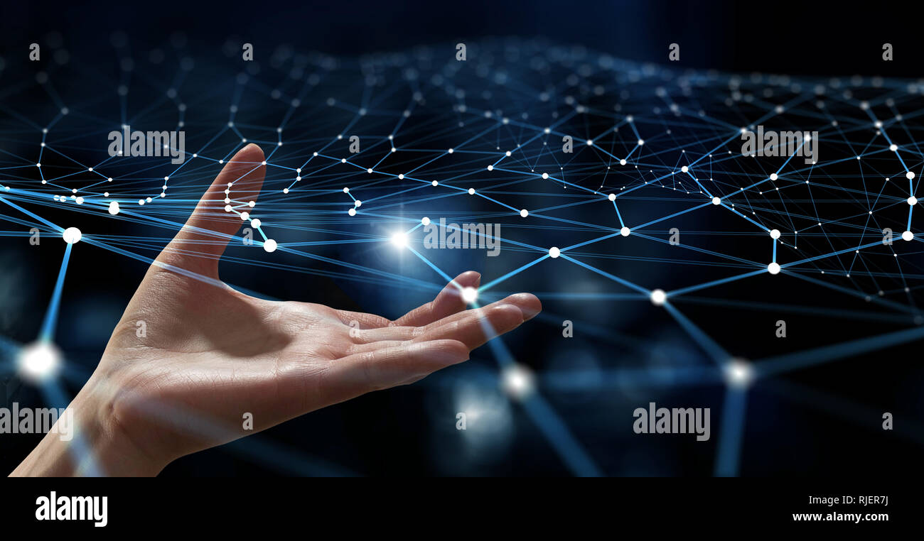 Hand touch technology background with lines and dots. 3d rendering ...