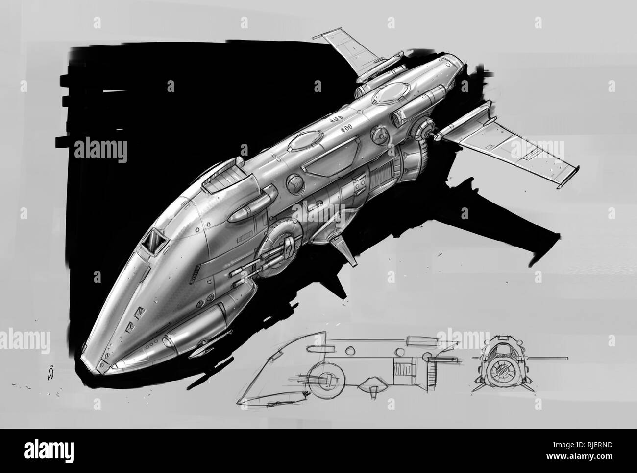 Digital Concept Art Drawing of Space Ship or Spaceship Stock Photo